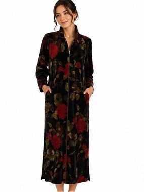 Vintage Black Floral Velour Zip Front Housecoat Robe Maxi XL
